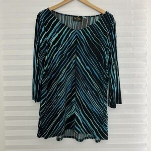 Bob Mackie Tunic Top Womens Size L Pullover V Neck Striped 3/4 Sleeve Stretch